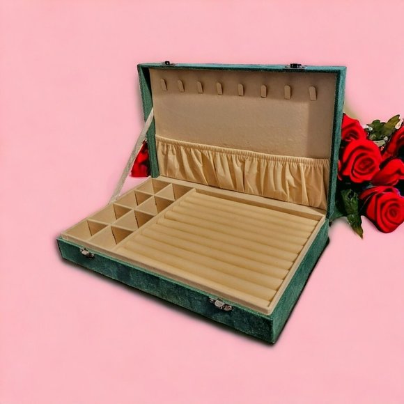 Green Jewelry Box Velvet w/Anti-Tarnish Lining & Latch 11.4x7.3x2" Travel Gift - Picture 10 of 10